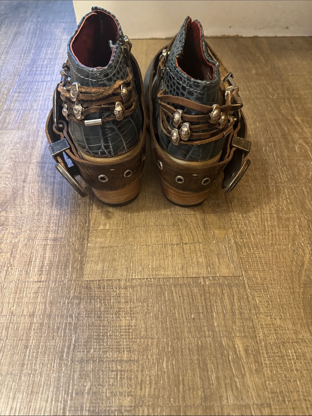 Freebird Leather Teal Croc-Textured Ankle Boots with Brown Strap Accents - Picture 5 of 8